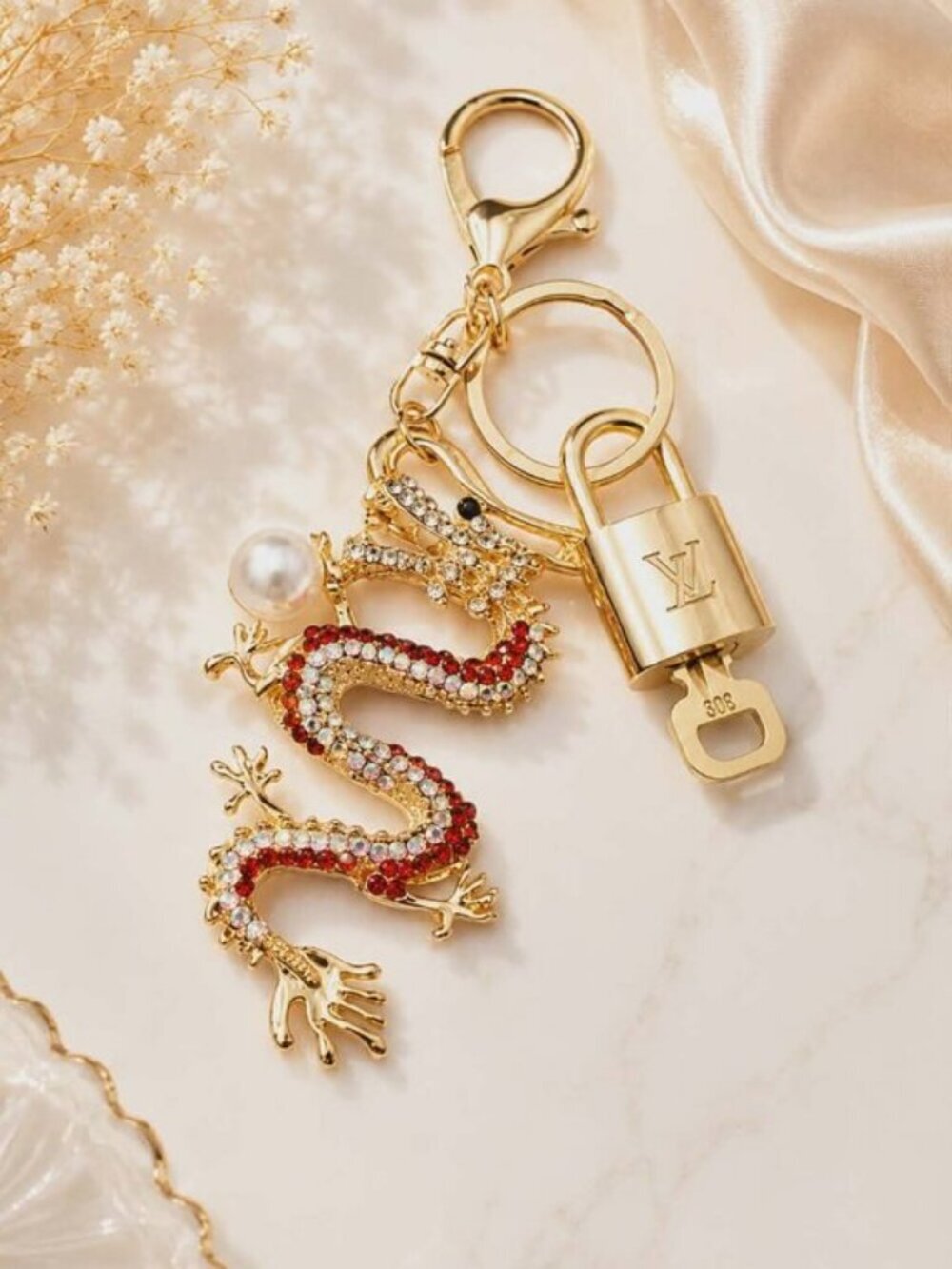LV Authentic Gold Padlock 🔒 Key Set w/ Unbranded Dragon Keychain Charm